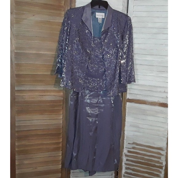 Davids Bridal-Formal Dress-Size 12-Two Piece Dress/Open Blazer-Shiny Grey-Beaded - Picture 1 of 10